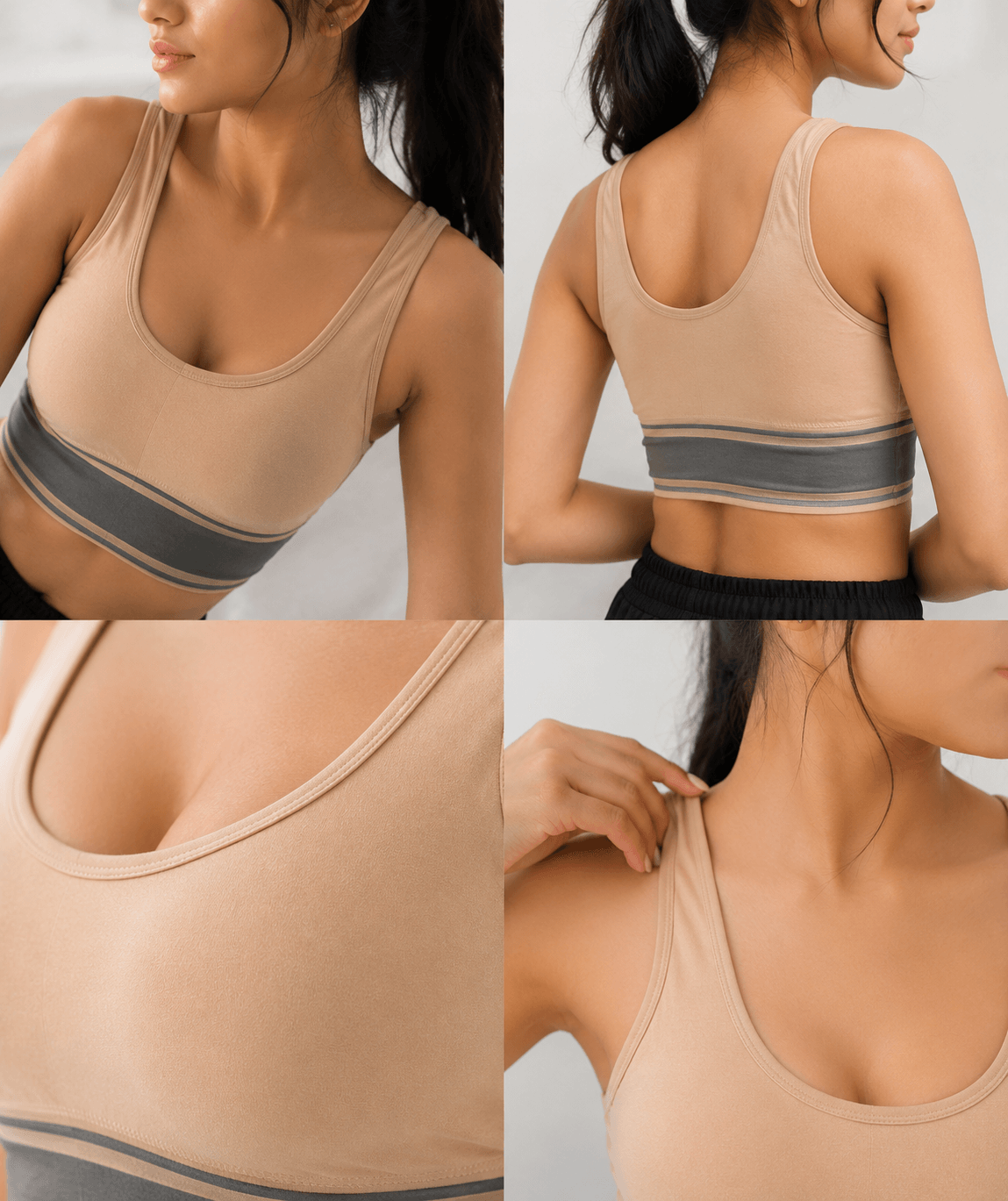 Beige sports bra with gray stripe, front back and close-up views for women's innerwear