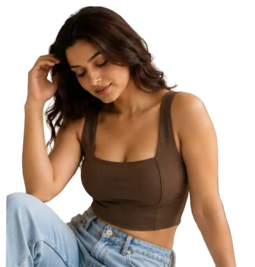 Brown Women's  Sports Bra | Longline Gym & Yoga Crop Top for women