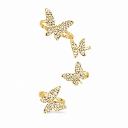Gold butterfly rings with crystal embellishments, elegant women's fashion jewelry
