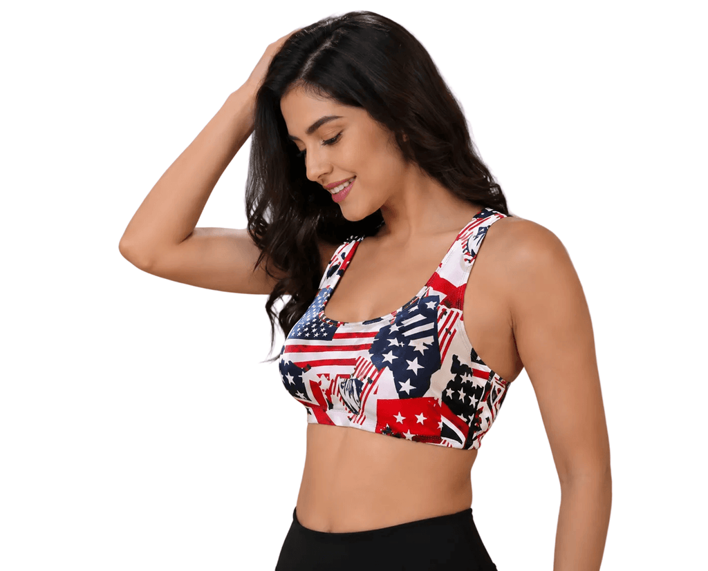 Woman wearing American flag print sports bra, stylish innerwear for fitness and casual wear