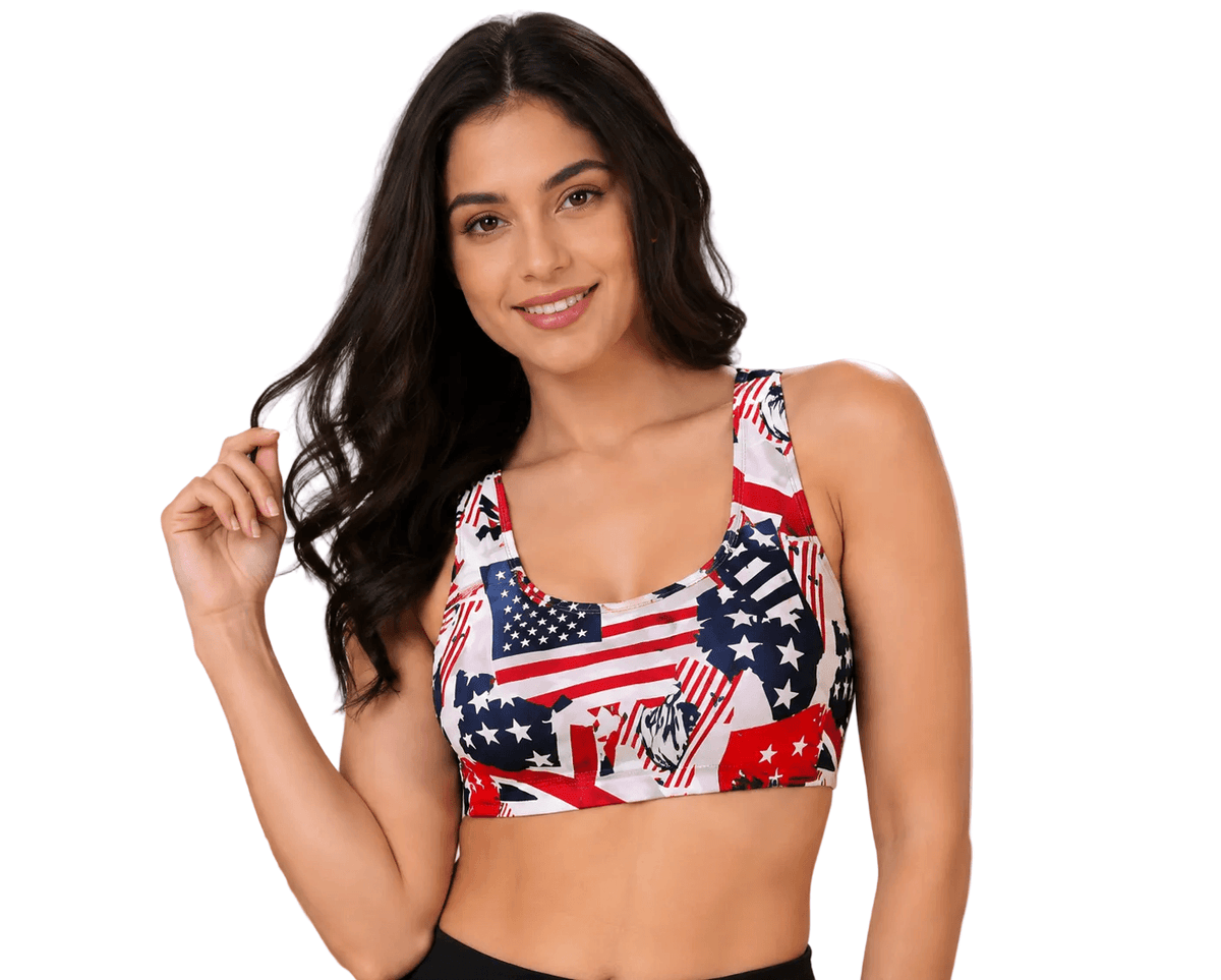 Woman wearing USA flag print sports bra, ideal for fitness and casual wear