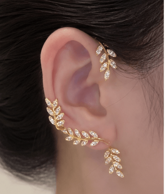 Gold leaf ear cuff with crystal rhinestones, elegant women's fashion jewelry accessory