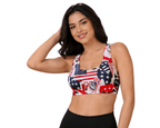 Women's American flag print sports bra with black leggings, stylish fitness wear for active lifestyle