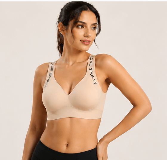 Beige sports bra with 'LOVE SPORTS' straps, women's innerwear for comfort and style
