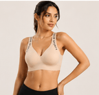 Beige sports bra with 'LOVE SPORTS' straps, women's innerwear for comfort and style