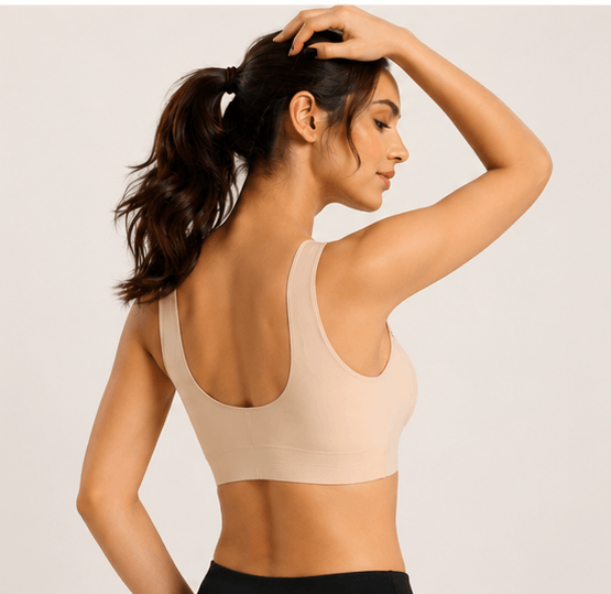 Beige seamless sports bra for women, comfortable fit, back view