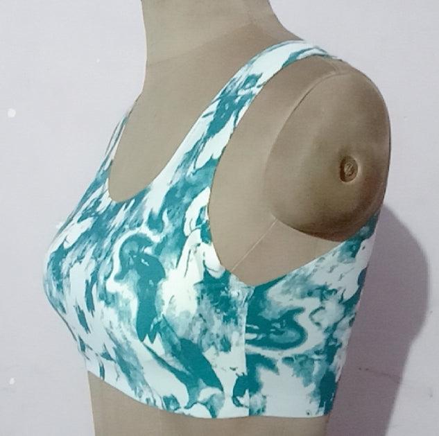 Teal and white tie-dye sports bra with racerback design, women's innerwear fashion