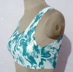 Teal and white tie-dye sports bra with racerback design, women's innerwear fashion