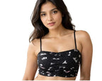 Black printed crop top with thin straps, stylish women's innerwear fashion