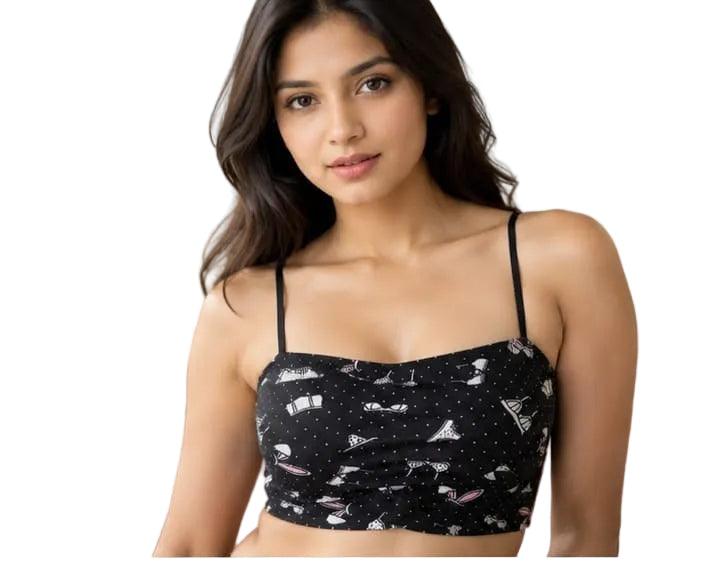 Black printed crop top with thin straps, stylish women's innerwear fashion