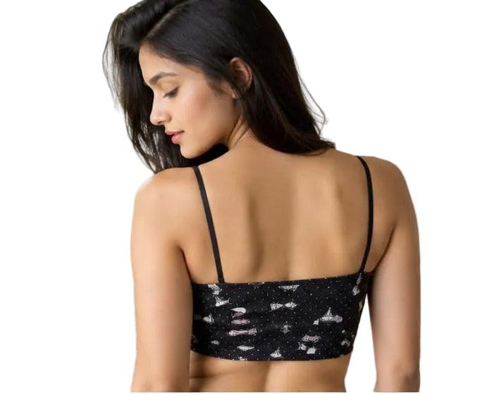 Black floral print bralette with thin straps, women's innerwear fashion