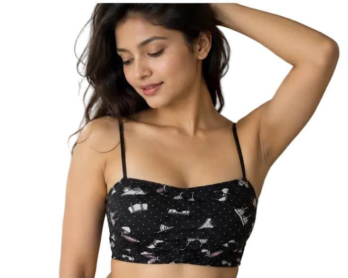 Black printed strappy bralette with cute motifs, women's innerwear fashion