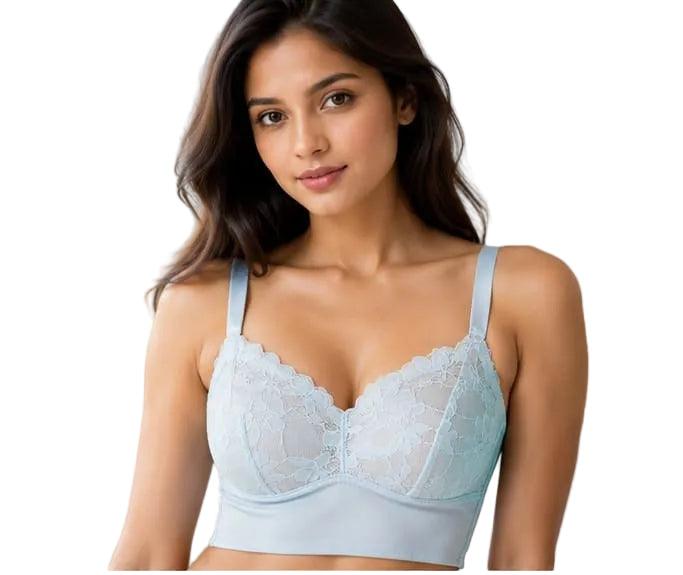Light blue lace bra with floral detailing, soft straps, and comfortable fit for women's innerwear