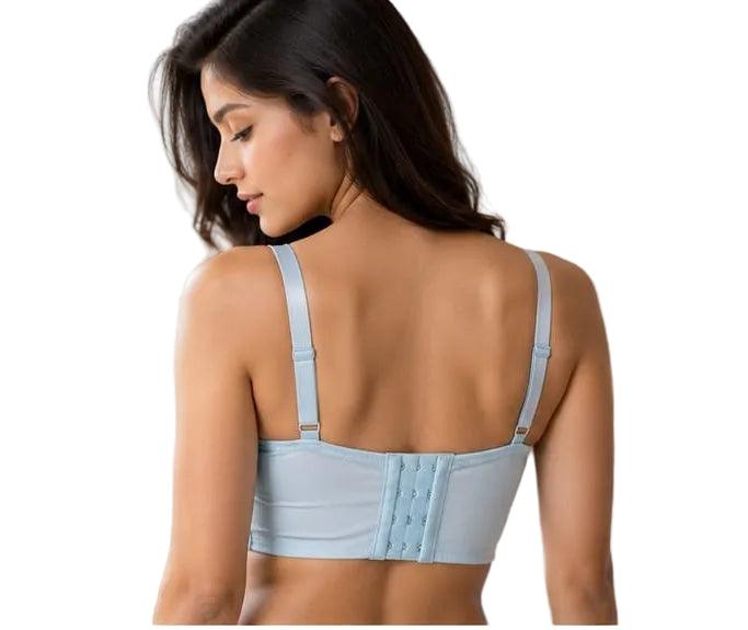 Light blue women's back-closure bra with adjustable straps, soft fabric, and elegant design for everyday comfort.