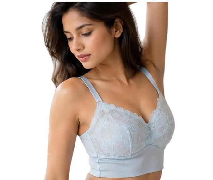 Light blue lace bra with soft cups, women's innerwear for comfort and style
