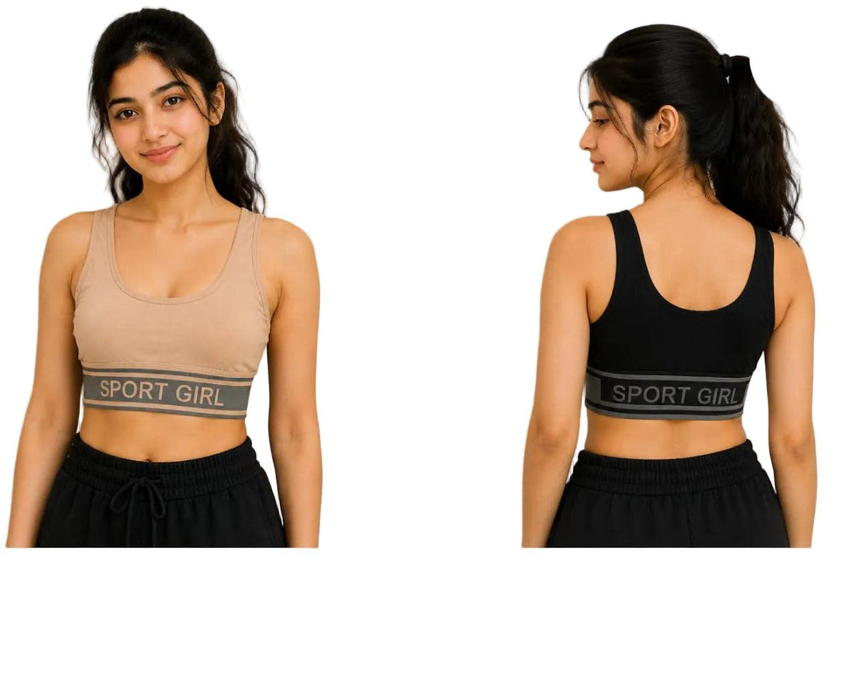 Sport Girl combo pack: beige & black cotton sports bras for workout, yoga, fitness & daily wear