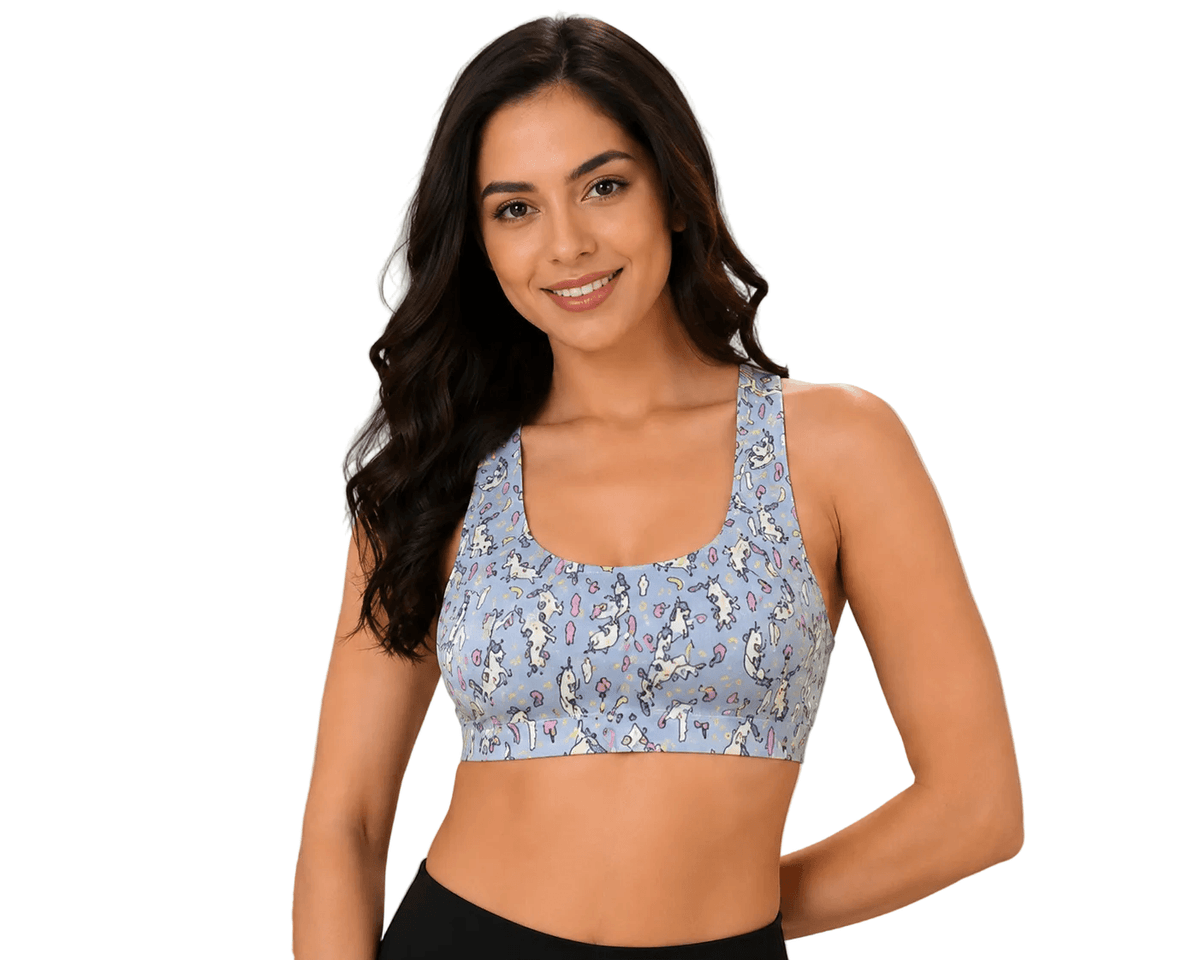 Woman wearing light blue unicorn print sports bra, women's innerwear fashion