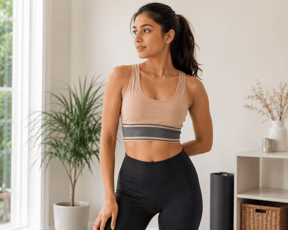 Beige sports bra with gray stripes paired with black high-waist leggings for women's activewear