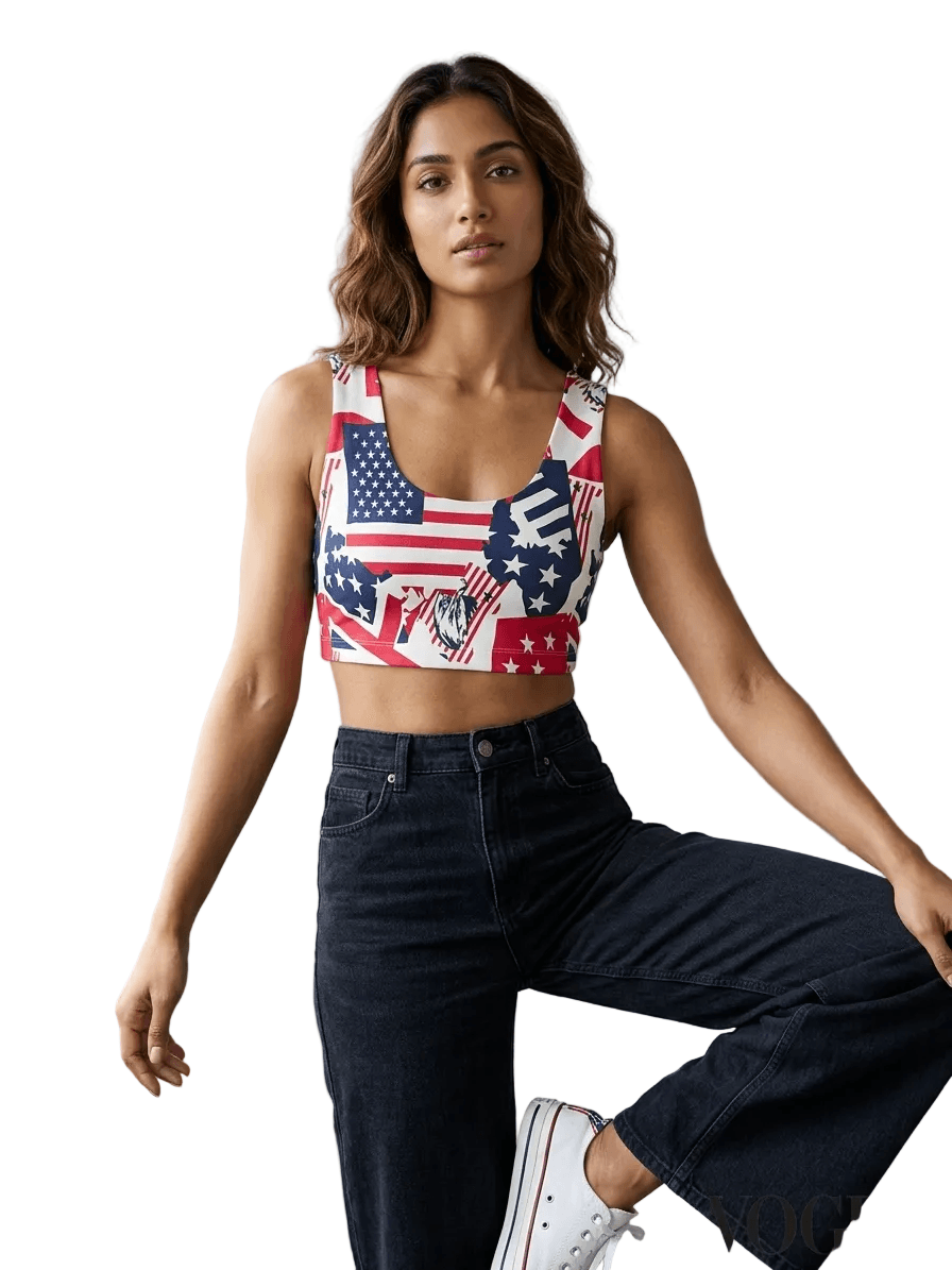 American flag print crop top with high-waist jeans, women's fashion outfit