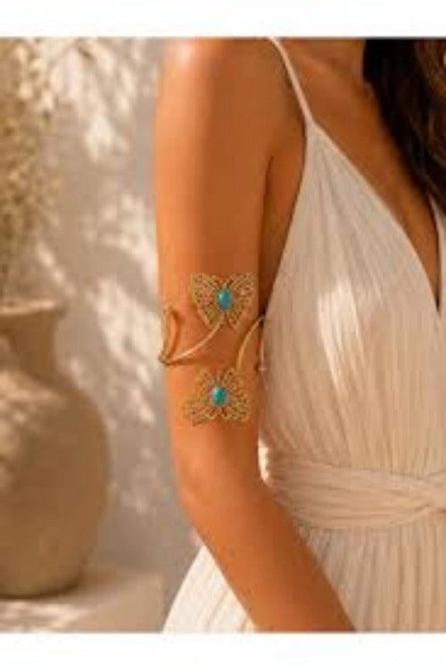 Gold arm cuff with turquoise stones, boho women's fashion accessory