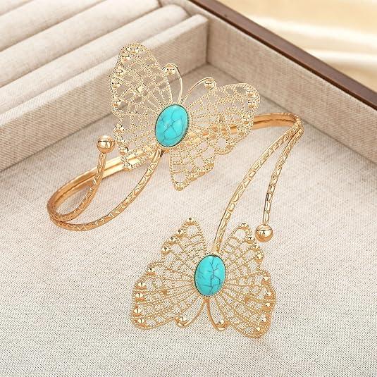 Gold butterfly bangle with turquoise stone, elegant women's jewelry for fashion accessories