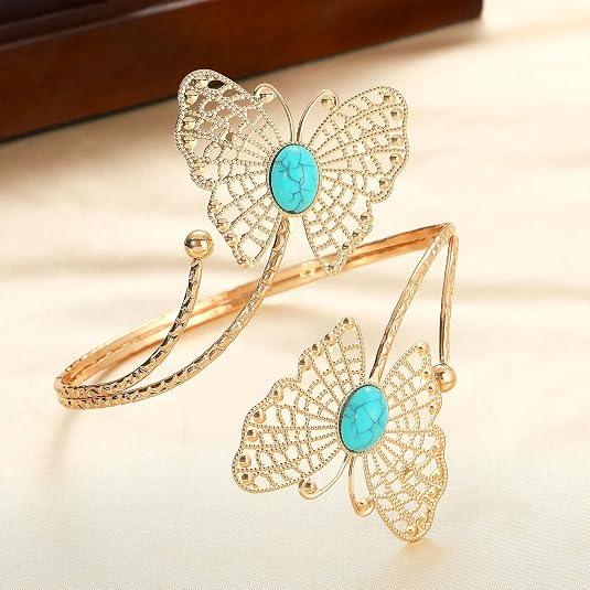 Gold butterfly bangle with turquoise stone, elegant women's fashion jewelry accessory