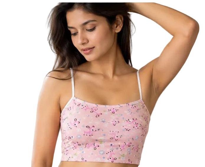 Pink floral print women's camisole top with thin straps, soft fabric, casual innerwear style