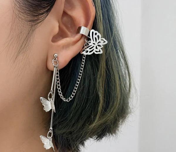 Silver butterfly ear cuff with chain and dangling charms, women's fashion jewelry