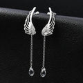 Silver angel wing ear cuffs with crystal drop chains, elegant women's fashion jewelry