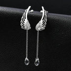 Silver angel wing ear cuffs with crystal drop chains, elegant women's fashion jewelry
