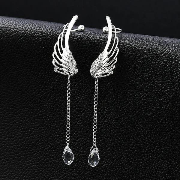 Silver angel wing ear cuffs with crystal drop chains, elegant women's fashion jewelry