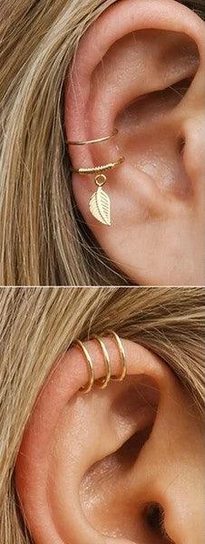 Gold leaf charm ear cuff & triple hoop ear cuff for women's fashion jewelry