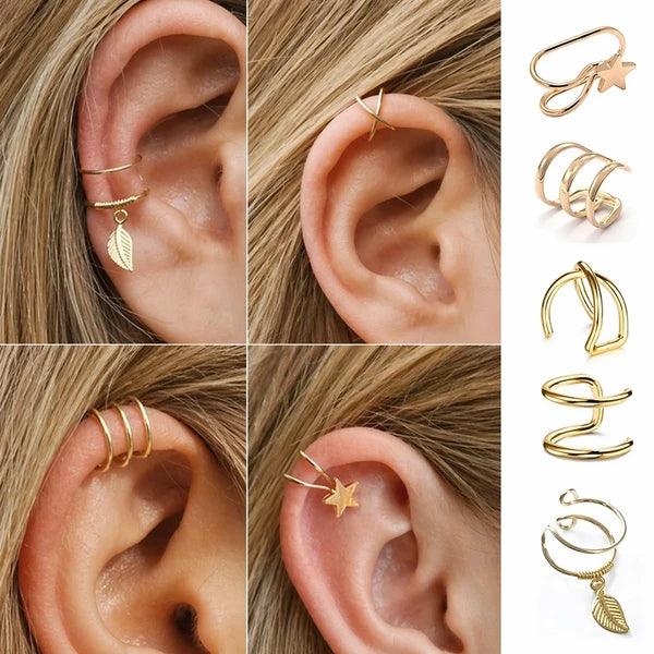 Gold ear cuffs and ear rings with leaf and star charms, stylish women's fashion jewelry