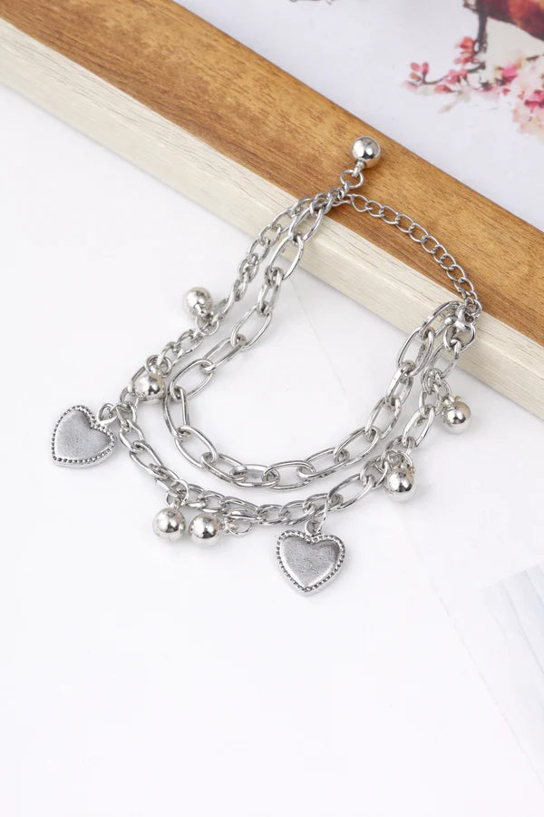Silver Heart Charm Layered Link Bracelet | Tashfi Mart