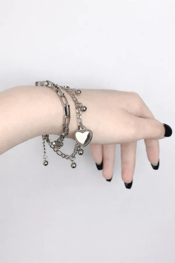 Silver Heart Charm Layered Link Bracelet | Tashfi Mart