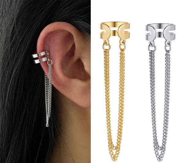 Silver ear cuff with chain tassels, gold & silver ear climber earrings for women's fashion accessories