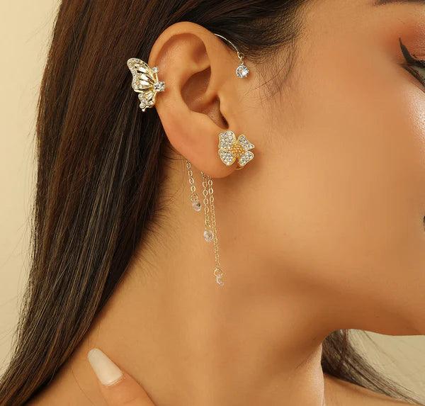 Elegant butterfly and flower ear cuff with dangling crystals, women's fashion jewellery