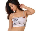 Floral print white crop top with thin straps, stylish women's fashion wear